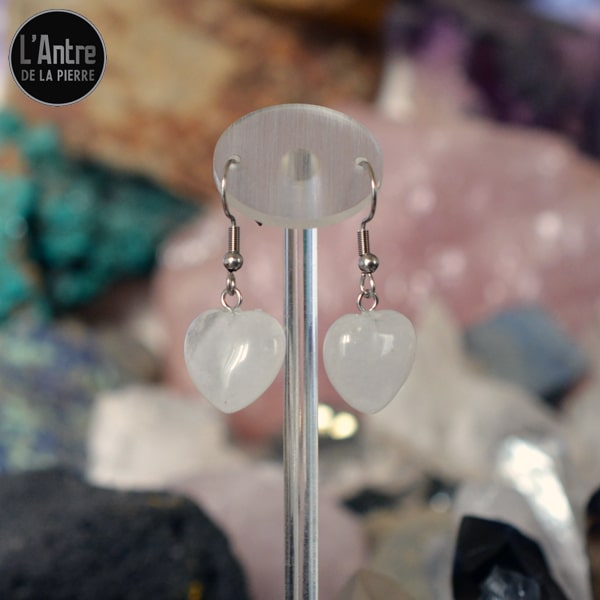 Boucles d'Oreilles Petits Cœurs en Cristal de Roche et Crochets en Argent Sterling 925