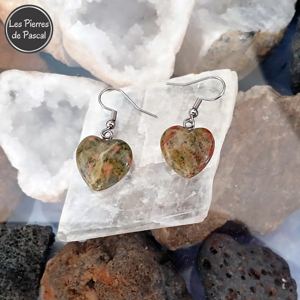 Paire de Boucles d'Oreilles Petits Cœurs en Unakite et Crochets en Argent Sterling 925