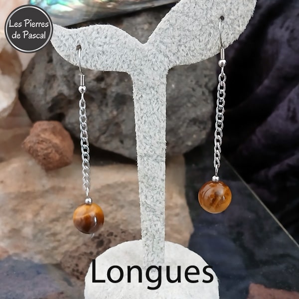 Paire de Boucles d'Oreilles en Œil de Tigre 2A d'Afrique du Sud Boules de 12 mm, Suspendues à 1 Chaîne Acier avec des Crochets en Argent Sterling 925 longues