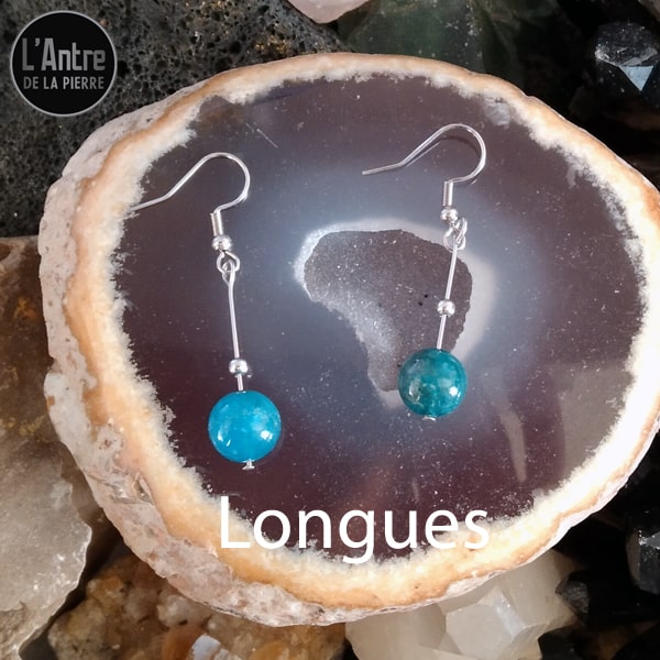 Boucles d'Oreilles Apatite Bleue du Brésil Boule de 10 mm de Qualité A+ Courtes ou Longues avec Crochet en Argent 925