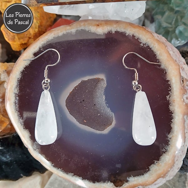 Longues Boucles d'Oreilles Quartz Hyalin ou Cristal de Roche en Forme de Goutte et Crochets en Acier Inoxydable