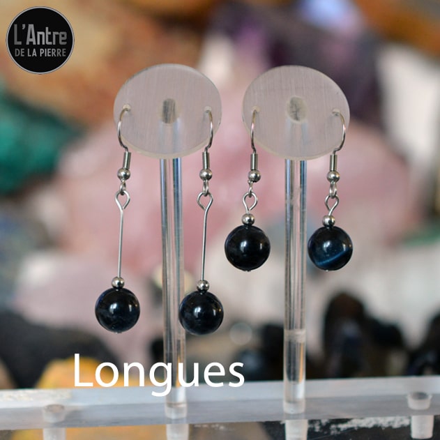 Boucles d'Oreilles Œil de Faucon d'Afrique du Sud Boules de 10 mm de Qualité A+ Courtes ou Longues avec Crochet en Argent 925