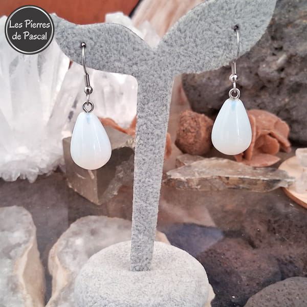 Paire de Boucles d'Oreilles Opaline ou Opalite en Forme de Poire et Crochets en Acier Argenté