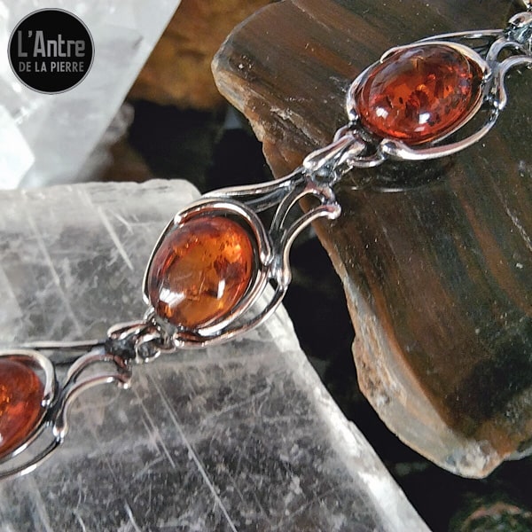 Bracelet en Argent Sterling 925 avec de Très Belles Pierres d'Ambre Cognac De Gdansk