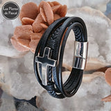 Bracelet en Cuir Noir avec une Croix Argentée en Acier Inoxydable et 3 Tailles de Poignet 18, 20 et 22 cm