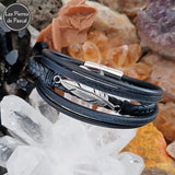 Bracelet en Cuir Noir avec une Plume en Acier Inoxydable Argenté en 3 Tailles de Poignet 18, 20 et 22 cm