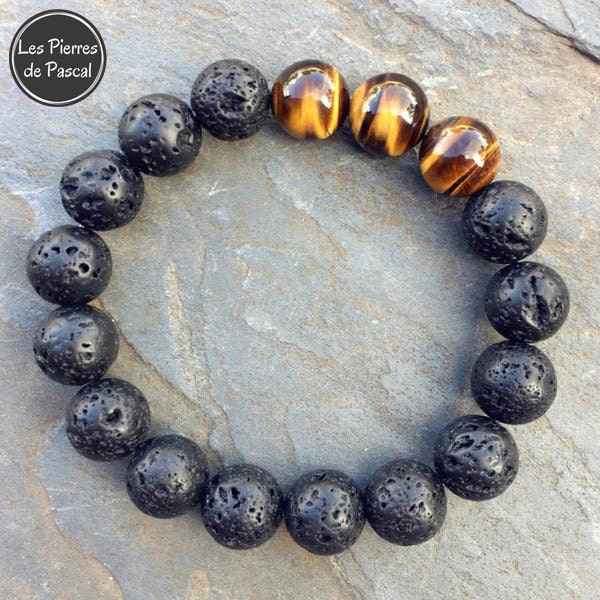Bracelet en Pierre de Lave et Œil de Tigre de 12 mm