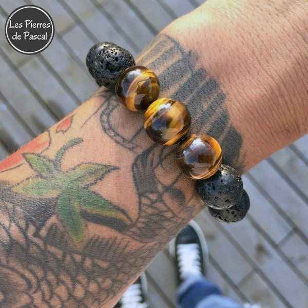 Bracelet en Pierre de Lave et Œil de Tigre de 12 mm