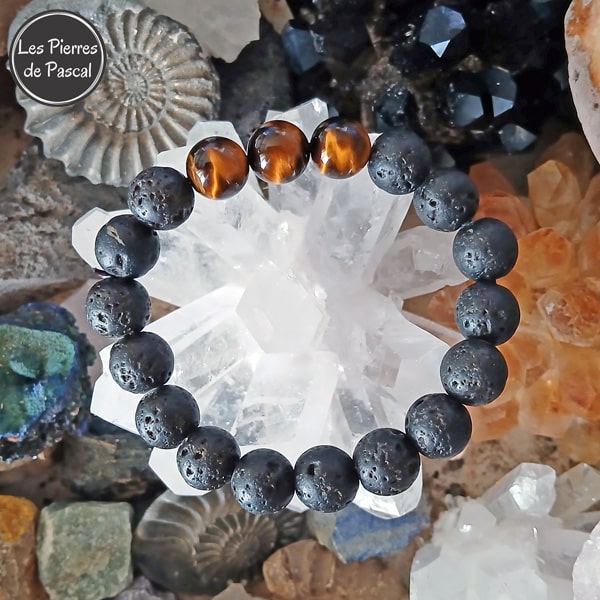 Bracelet "Forte Reconstruction et Super Protection" en Pierre de Lave et Œil de Tigre de 12 mm
