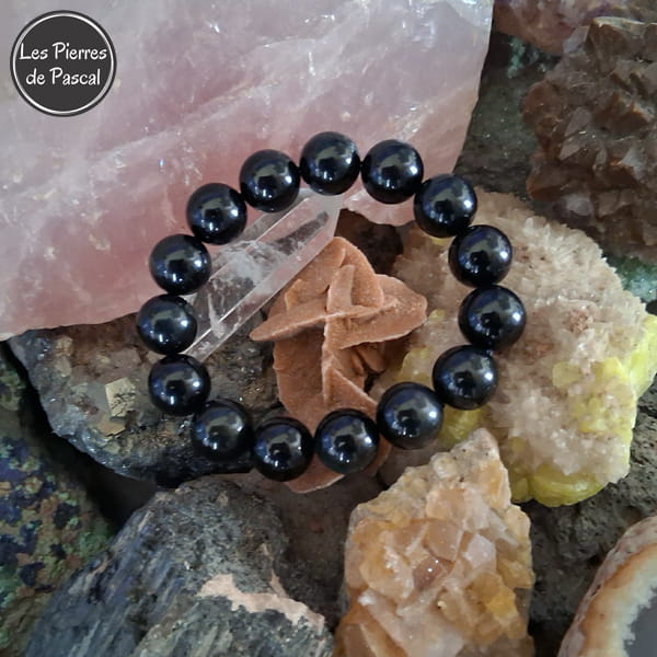 Bracelet Obsidienne Céleste du Mexique Grade 2A Boules de 14 mm sur une rose des sables