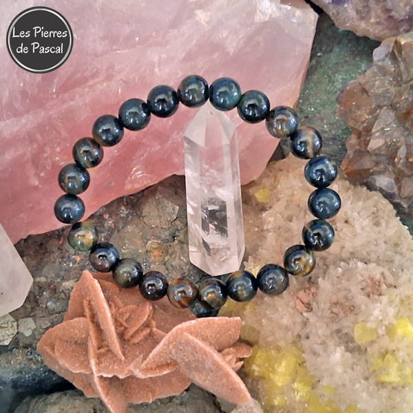 Bracelet Œil de Faucon d'Afrique du Sud de Grade A Boules de 8 mm avec du cristal