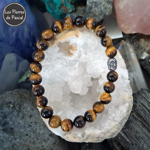 Bracelet Œil de Tigre 8 mm d'Afrique du Sud Grade A & une Tête de Bouddha | Protection, Confiance, Ancrage sur une géode de quartz