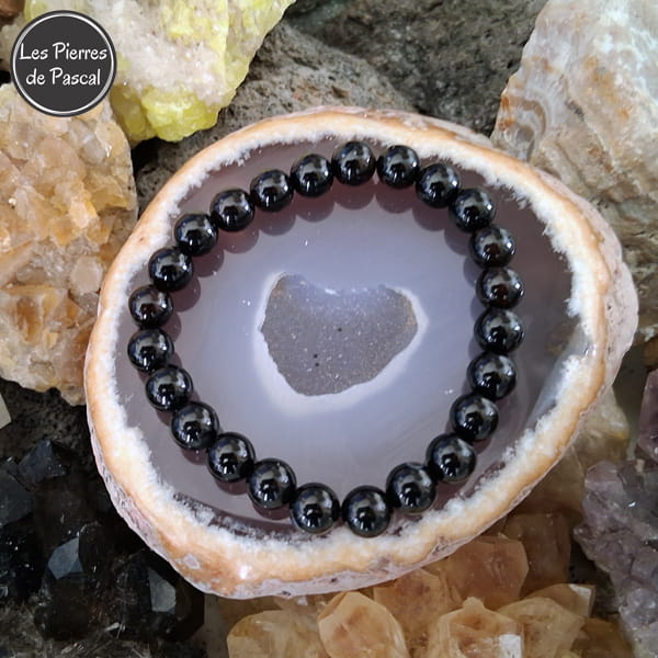 Bracelet Onyx Noir du Brésil Grade A Boules de 8 mm sur une agate