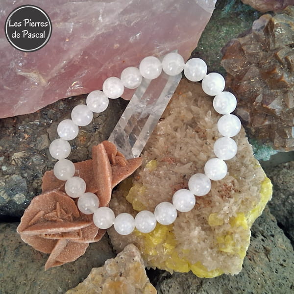Bracelet Pierre de Lune Arc en Ciel du Sri Lanka (Péristérite ou encore Labradorite Blanche) en Qualité 2A, Boules de 8 mm sur une rose des sables