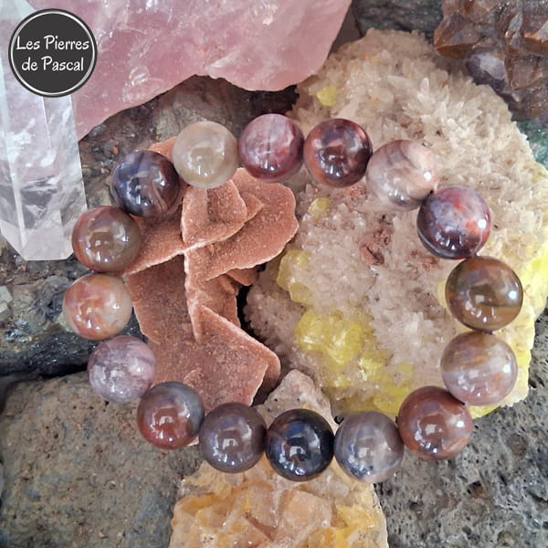 Bracelet en Bois Pétrifié (Bois Fossilisé, Bois Silicifié ou Xyloïde) des États-Unis Boules de 12 mm et de Grade A sur une rose des sables