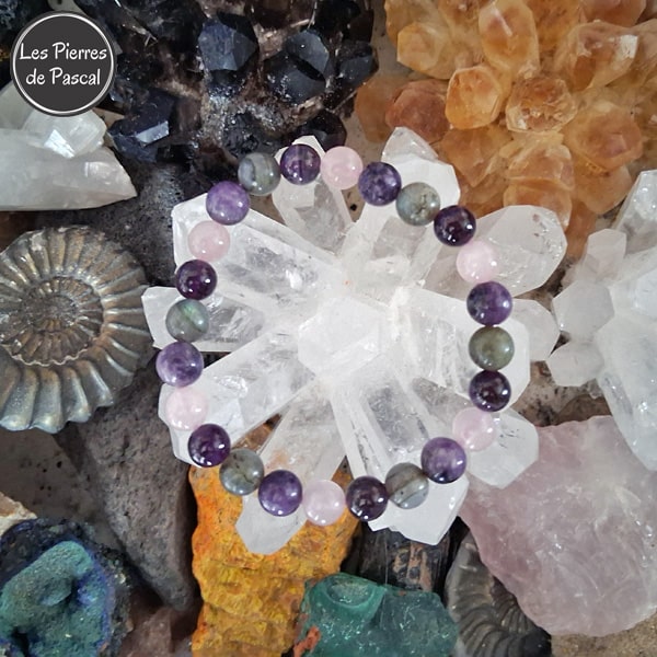 Bracelet 3 Pierres pour Hypersensibles et Empathiques : Labradorite, Améthyste et Quartz Rose - Protection, Apaisement et Douceur