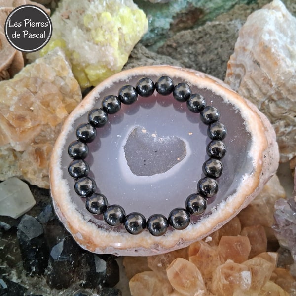 Bracelet en Jais de Mongolie Grade A Boules de 8 mm sr une géode d'agate