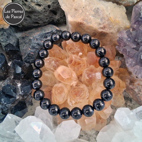 Bracelet en Jais de Mongolie Grade A Boules de 8 mm sur une druse de citrine