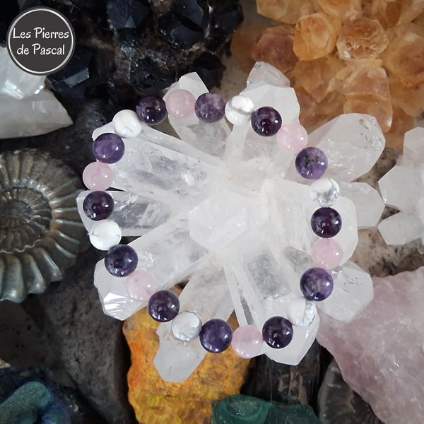 Bracelet 4 Pierres pour un Sommeil Réparateur : Améthyste, Howlite, Lépidolite et Quartz Rose - Apaisement, Calme Mental et Douceur