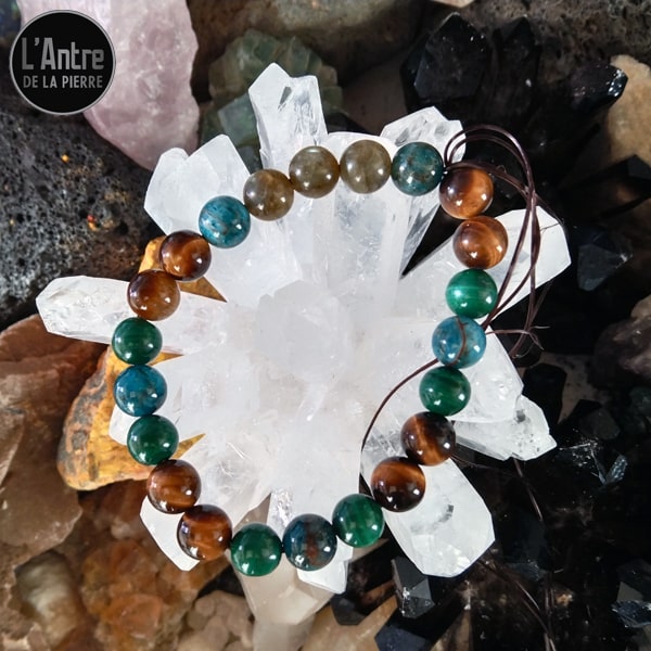 Bracelet avec Apatite, Malachite, labradorite et Œil de Tigre Boules de 8 mm
