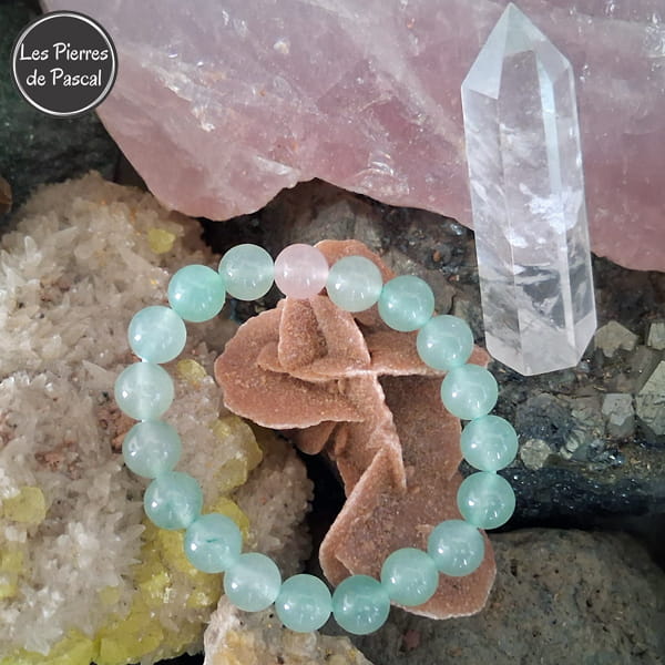 Bracelet "TDAH - Hyperactivité" en Aventurine Verte du Brésil Grade A et Quartz Rose du Brésil Boules de 8 mm sur une rose des sables