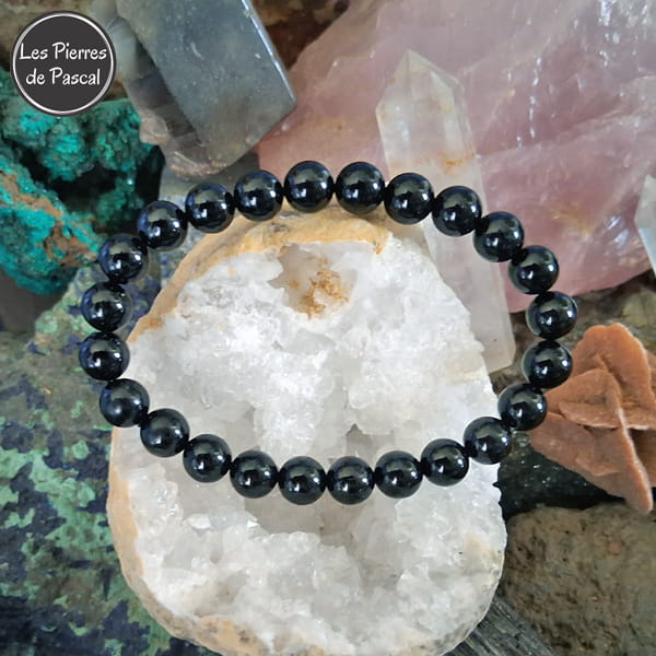 Bracelet "Protection avec Ancrage dans la Réalité" avec de la Tourmaline Noire du Brésil Boules de 8 mm sur une géode de quartz