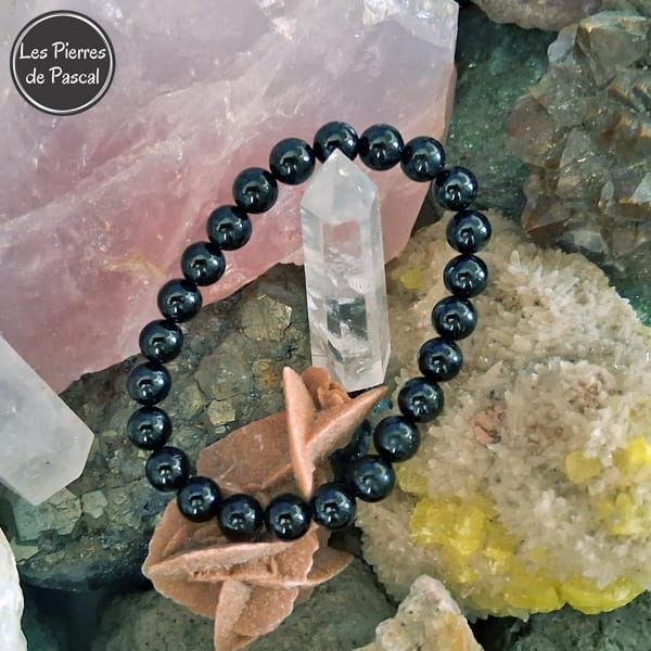 Bracelet "Protection avec Ancrage dans la Réalité" avec de la Tourmaline Noire du Brésil Boules de 8 mm sur une rose des sables