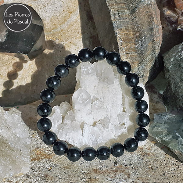 Bracelet "Protection avec Ancrage dans la Réalité" avec de la Tourmaline Noire du Brésil Boules de 8 mm sur du cristal de roche