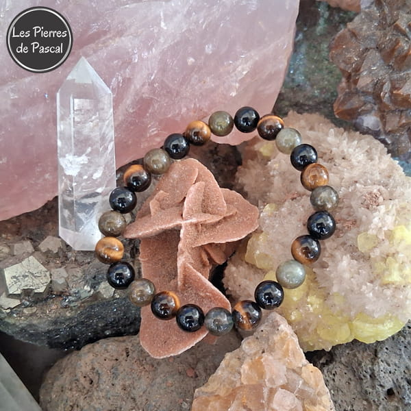 Bracelet Triple Protection Œil de Tigre, Tourmaline Noire et Labradorite Irisée de 8 mm