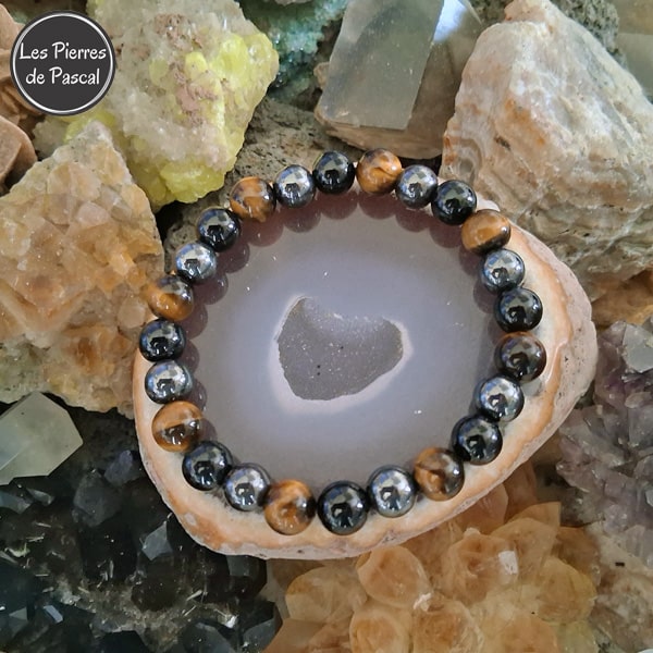 Bracelet avec Hématite Grade A, Œil de Tigre Grade A et Tourmaline Noire Grade A de 10 mm