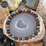 Nouveau Bracelet en 10 Tailles "Triple Protection" avec Hématite, Tourmaline Noire et Œil de Tigre Boules de 8 mm