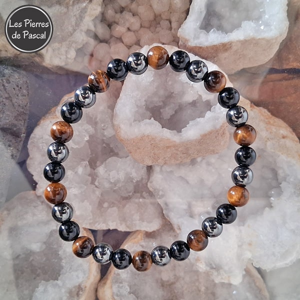 Nouveau Bracelet en 10 Tailles "Triple Protection" avec Hématite, Tourmaline Noire et Œil de Tigre Boules de 8 mm