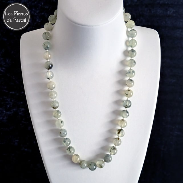Collier à Nœuds en Prehnite d'Australie de Qualité A+ avec des Boules de 10 mm de Longueur de 50 cm