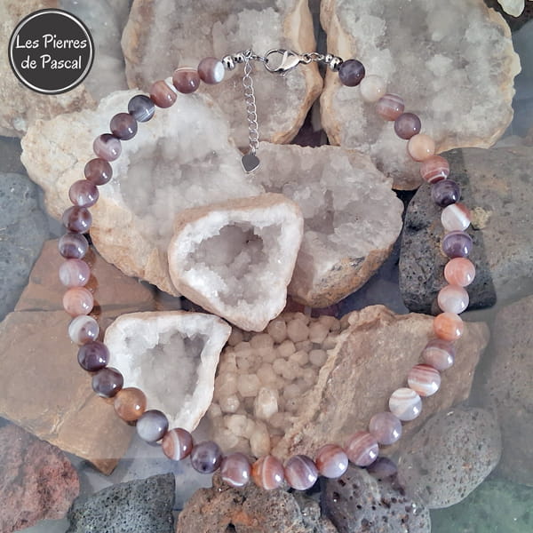 Collier en Agate du Botswana de 10 mm et de 45 cm + 4 cm