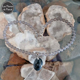 Réalisation d'un Collier Agate Grise du Brésil Grade A Boules de 8 mm et un Pendant Larvikite Ovale de Norvège de Grade A de 49 cm