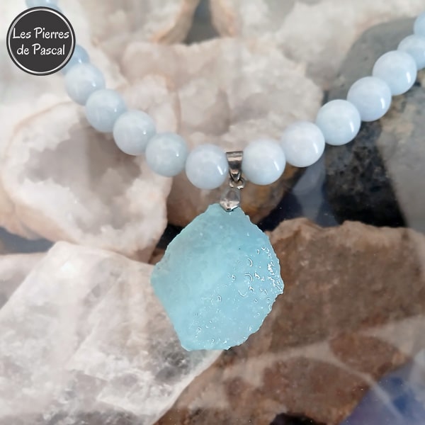 Collier Pendentif Ange En Cristal Avec Pierre Aigue-marine - Cadeau Mars - Neuf étiqueté