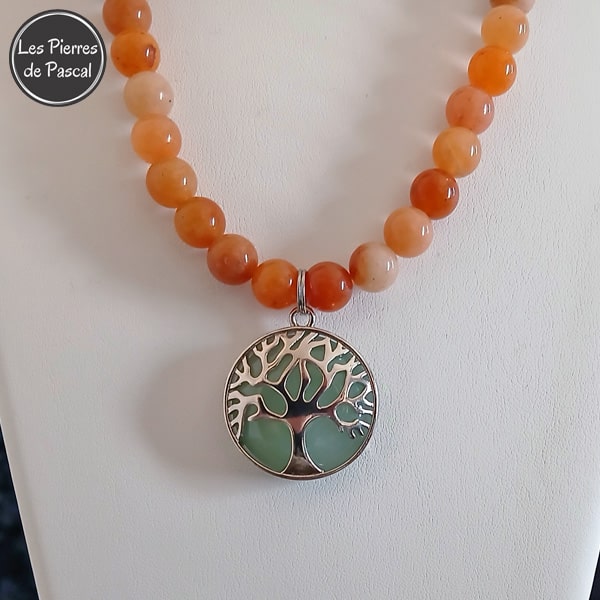 Collier Aventurine Orange Grade A+ de 8 mm et un Pendant Arbre de Vie Aventurine Verte