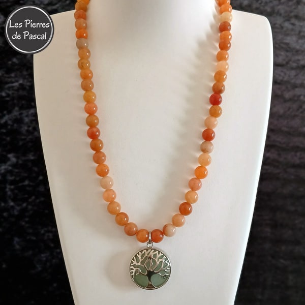 Réalisation d'un Collier Aventurine Orange du Botswana Grade A+ Boules de 8 mm et un Pendant Arbre de Vie Aventurine Verte de 52 cm + 4 cm