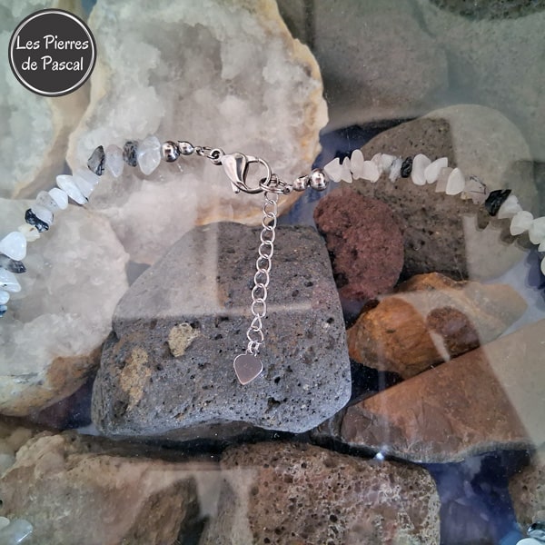 Nouvelle Réalisation Collier Baroque Quartz à Inclusions de Tourmaline du Brésil Grade A Pierres Chips de 44 cm + 4 cm