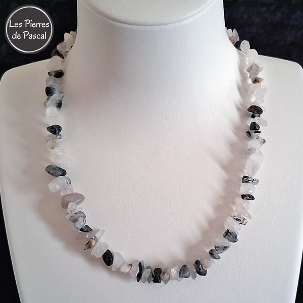 Nouvelle Réalisation Collier Baroque Quartz à Inclusions de Tourmaline du Brésil Grade A Pierres Chips de 44 cm + 4 cm