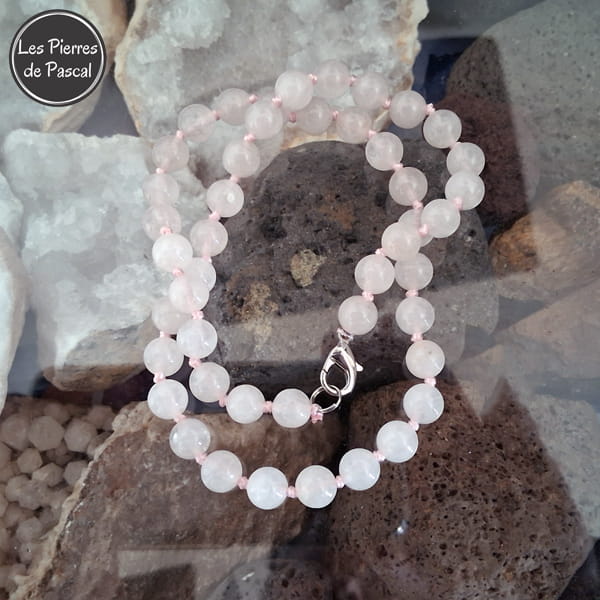Collier à Nœuds en Quartz Rose du Brésil Boules de 8 mm de 47 cm