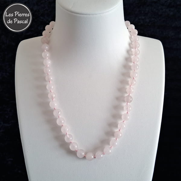 Collier à Nœuds en Quartz Rose du Brésil Boules de 8 mm de 47 cm