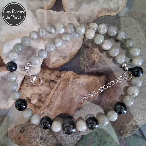 Réalisation Collier Labradorite 10 mm et Obsidienne Œil Céleste 10, 12 et 14 mm de 52 cm