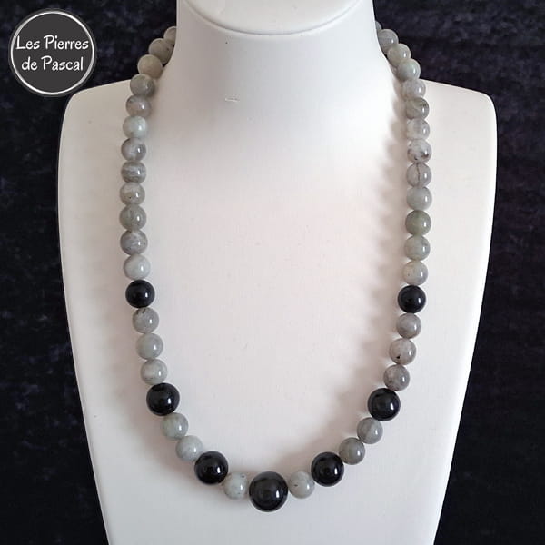 Réalisation Collier Labradorite 10 mm et Obsidienne Œil Céleste 10, 12 et 14 mm de 52 cm