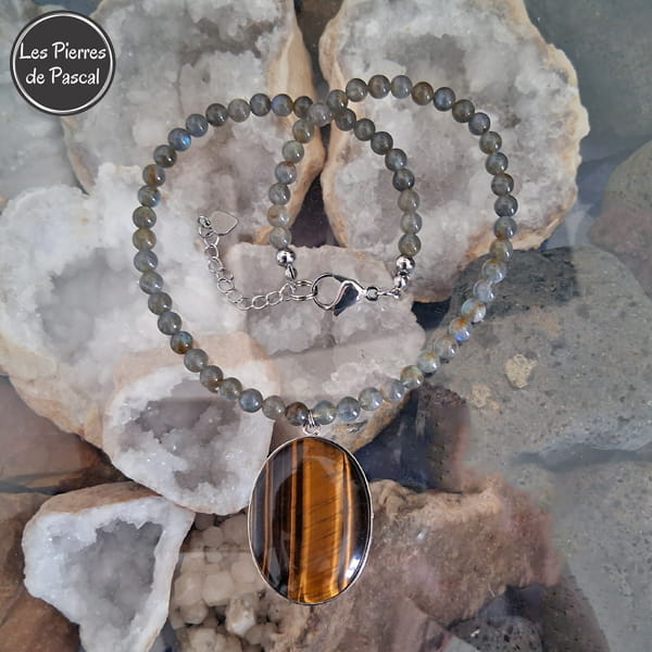 Nouvelle Réalisation Collier Labradorite 2A de 6 mm et Pendentif Œil de Tigre de 44 cm + 4 cm
