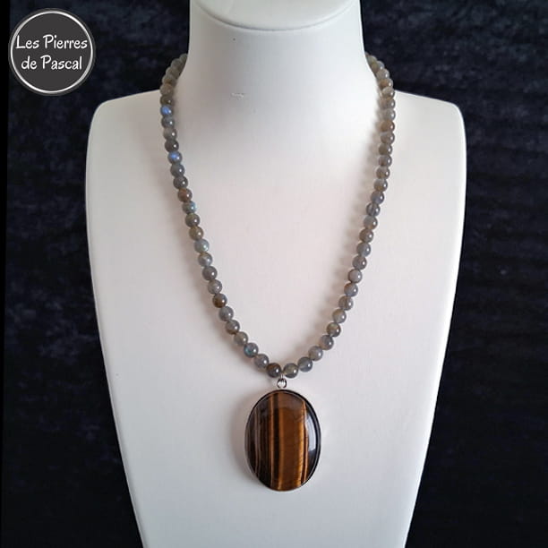 Nouvelle Réalisation Collier Labradorite 2A de 6 mm et Pendentif Œil de Tigre de 44 cm + 4 cm