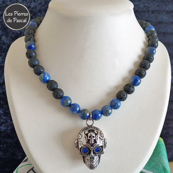 Collier en Pierre de Lave et Lapis-Lazuli d'Afghanistan Grade A Boules de 10 mm avec un Crâne en Acier Inoxydable en Pendentif de 50 cm + 5 cm