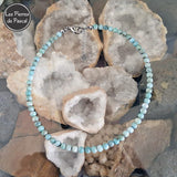 Collier Ras de Cou en Larimar Naturel de Saint-Domingue Grade AB Boules de 6 mm de 43 cm + 4 cm sur des géodes de quartz