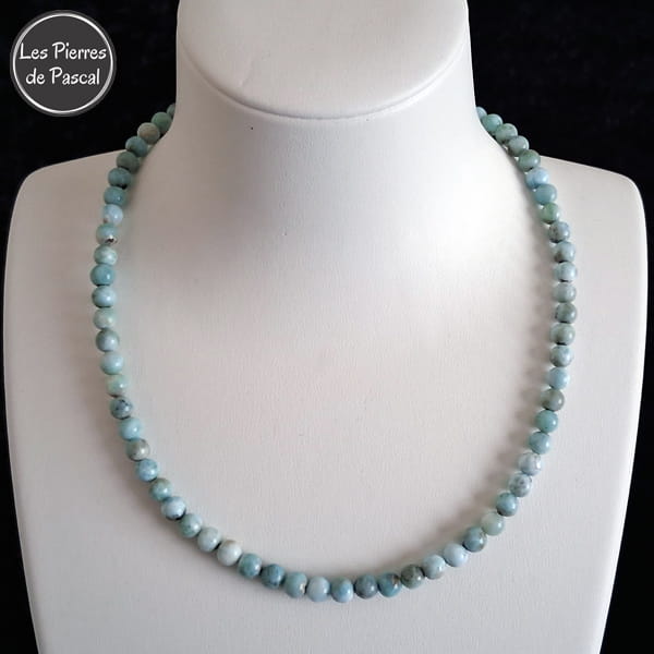 2ème Réalisation Collier Larimar Naturel de St-Domingue AB de 6 mm de 43 cm + 4 cm