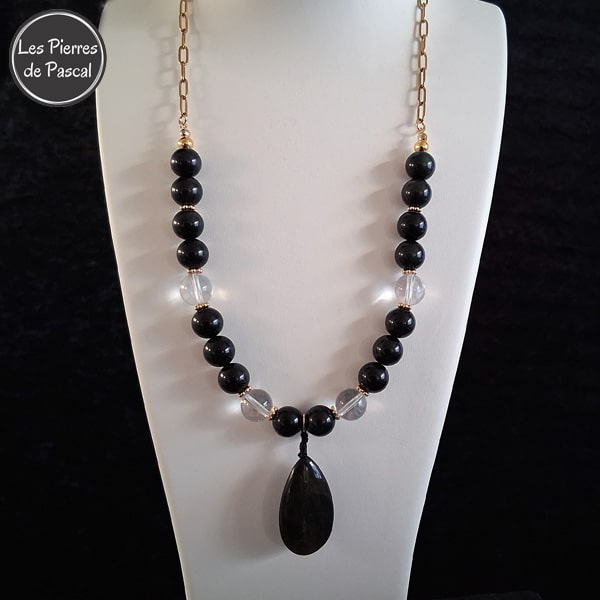 Promo : Nouvelle Réalisation d'un Collier Obsidienne Œil Céleste ou Arc en Ciel et Cristal de Roche 12 mm avec 1 Pendant Obsidienne Dorée et Chaîne Dorée